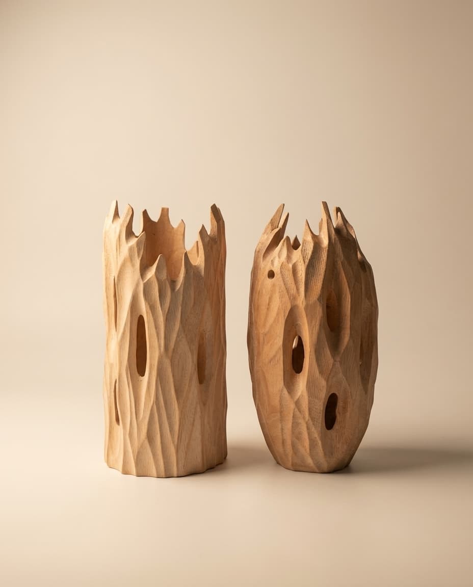 Organic Carved Art Vase Pair