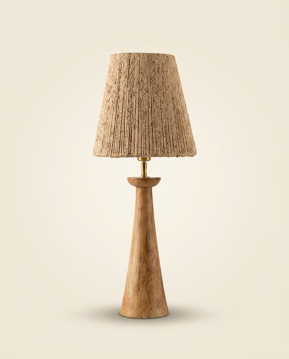 Teak Base Table Lamp with Rope Shade