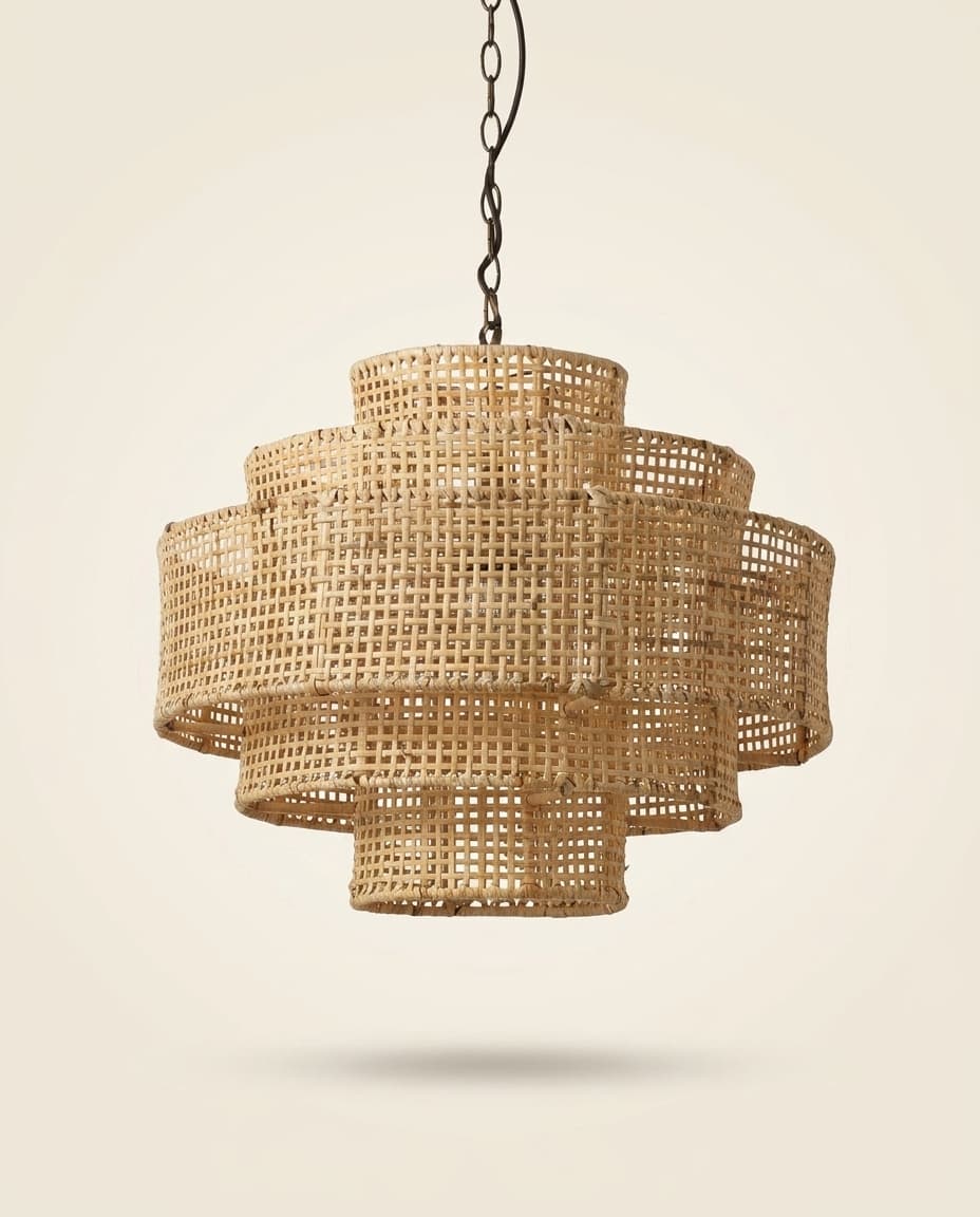 Tiered Rattan Chandelier with Brass