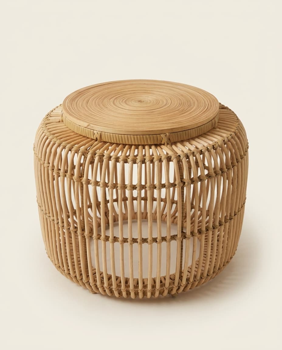 Coiled-Top Rattan Drum Table