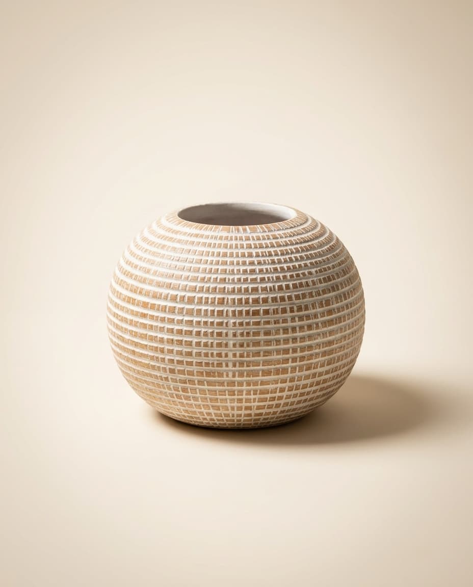 White Grid-Etched Round Vase